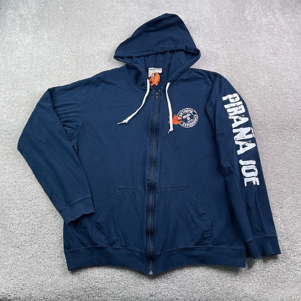 Pirana Joe Hoodie Mens Large Blue Full Zip Spellout Logo Extreme Experience